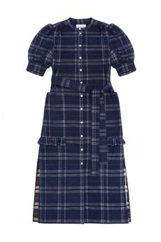 Rosa Puff Sleeve Shirtdress, Navy Check Deadstock Cotton via Saywood.