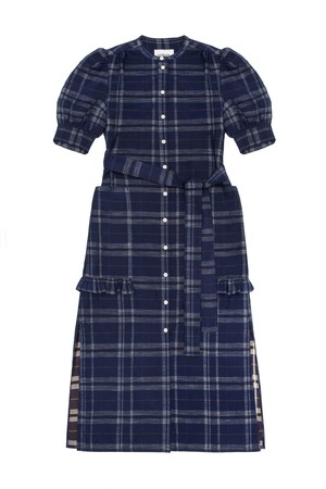 Rosa Puff Sleeve Shirtdress, Navy Check Deadstock Cotton from Saywood.