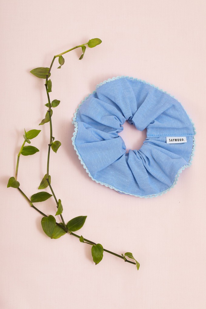 Scrunchie With Lace Trim, Zero Waste, Pale Blue Recycled Cotton from Saywood.