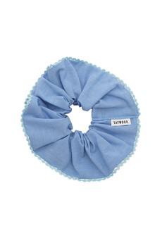 Scrunchie With Lace Trim, Zero Waste, Pale Blue Recycled Cotton via Saywood.