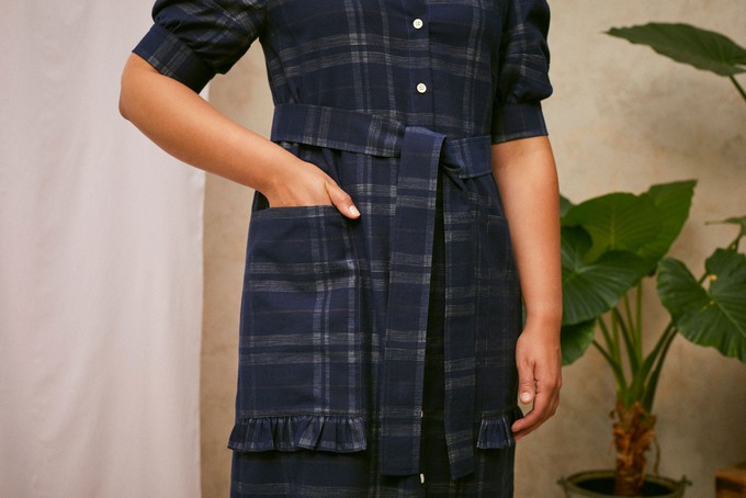 Rosa Puff Sleeve Shirtdress, Navy Check Deadstock Cotton from Saywood.