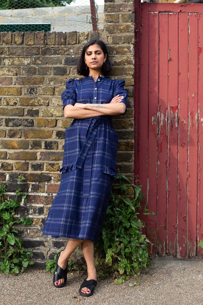 Rosa Puff Sleeve Shirtdress, Navy Check Deadstock Cotton from Saywood.