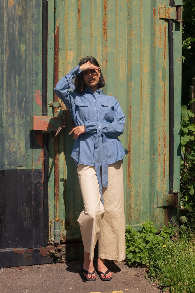 Zadie Boyfriend Shirt, Light Wash Japanese Denim from Saywood.