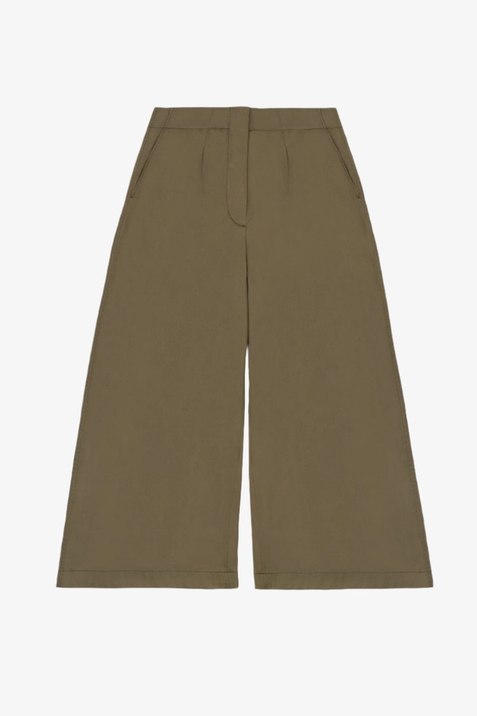 Amelia Wide Leg Culotte Trouser, Khaki Deadstock Cotton from Saywood.