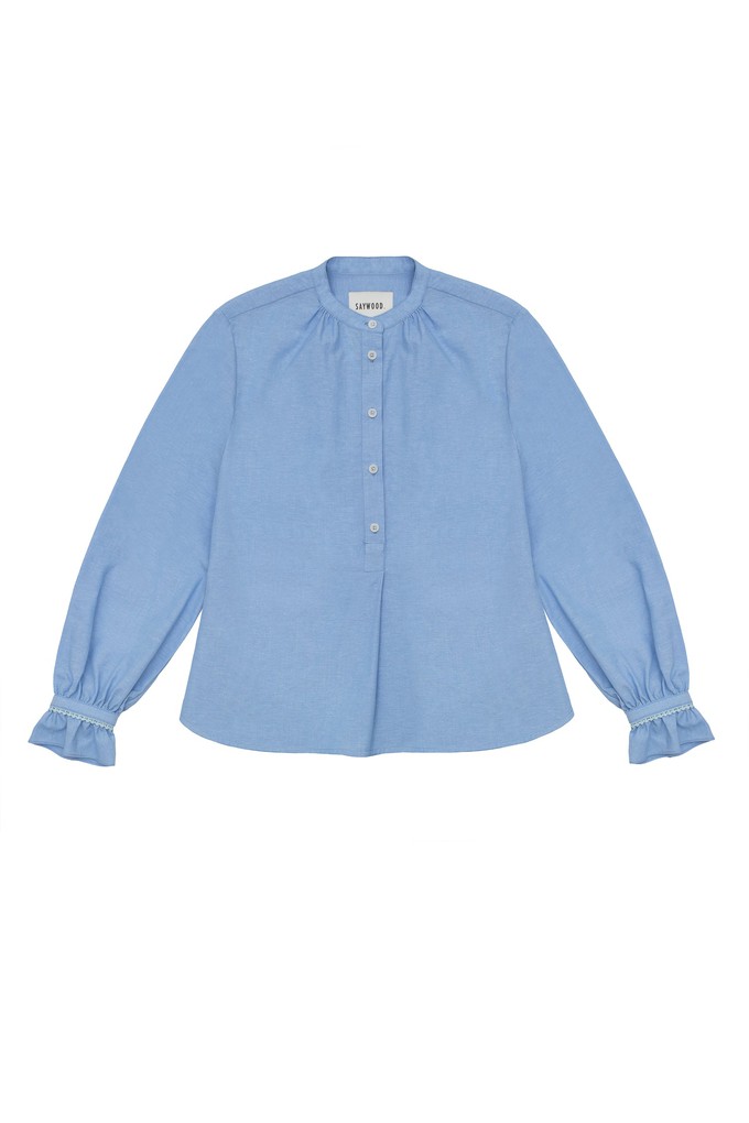 Marie A-Line Blouse With Gathered Neck, Blue Recycled Cotton from Saywood.