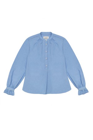 Marie A-Line Blouse With Gathered Neck, Blue Recycled Cotton from Saywood.