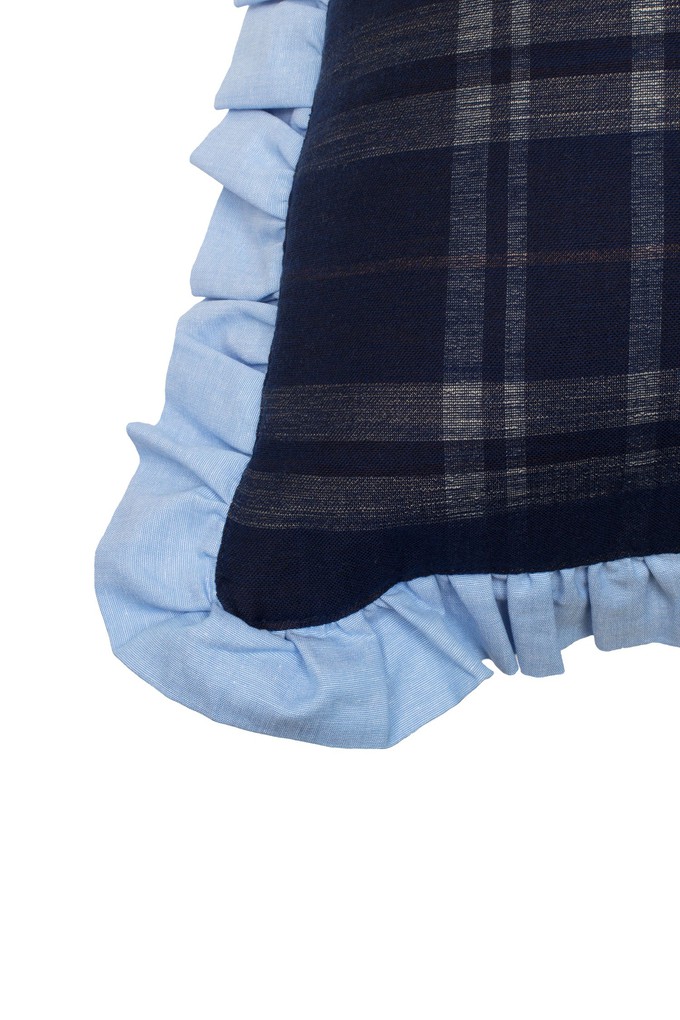 Ruffle Cushion, Zero Waste, Navy Check/ Pale Blue from Saywood.