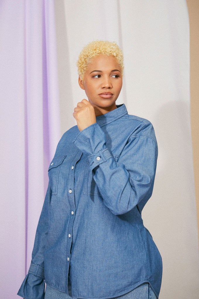 Zadie Boyfriend Shirt, Light Wash Japanese Denim from Saywood.