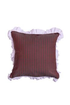 Ruffle Cushion, Zero Waste, Red Check / Lilac via Saywood.