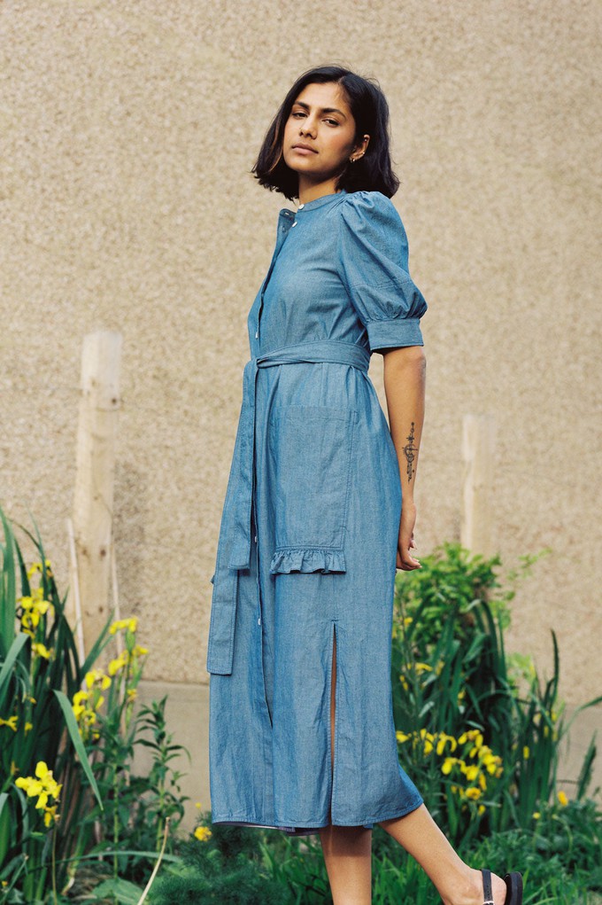 Rosa Puff Sleeve Shirtdress, Blue Light Wash Japanese Denim from Saywood.