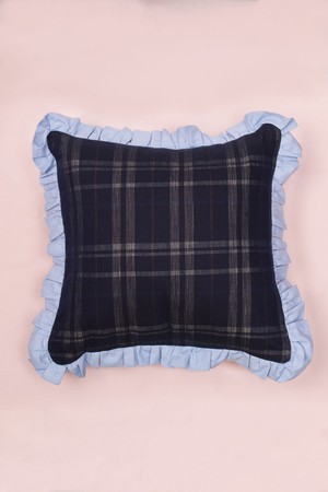 Ruffle Cushion, Zero Waste, Navy Check/ Pale Blue from Saywood.