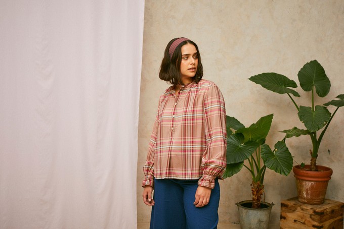 Limited Edition Marie Gather Neck A-Line Blouse, Pink Check Deadstock Cloth from Saywood.