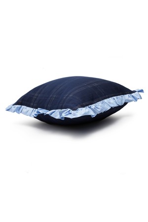 Ruffle Cushion, Zero Waste, Navy Check/ Pale Blue from Saywood.