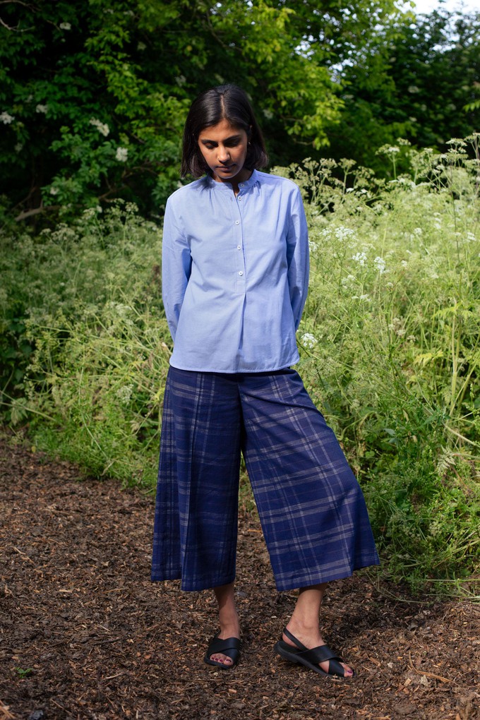 Amelia Wide Leg Culotte Trousers, Navy Check Deadstock Cotton from Saywood.
