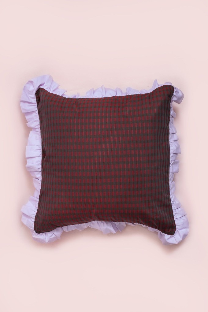 Ruffle Cushion, Zero Waste, Red Check / Lilac from Saywood.