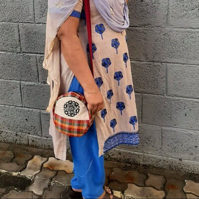 Round sari shoulder bag from Shakti.ism