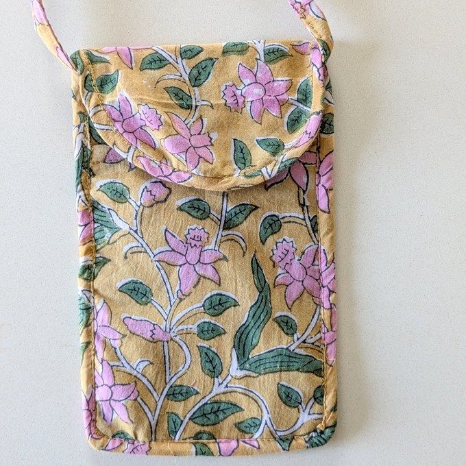 Yellow Block-Printed Crossbody Mobile Phone Cell Phone Bag With Slim Pocket from Shakti.ism