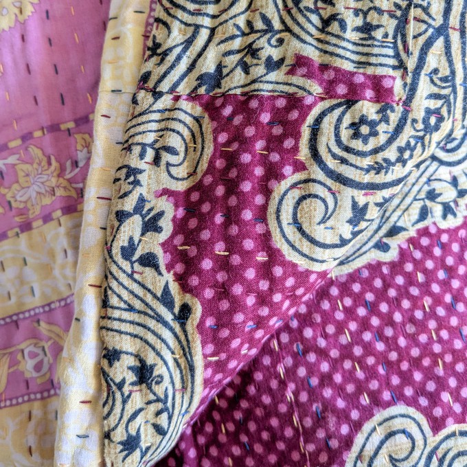 Mini kantha quilt in shades of pink, burgundy & beige, handwoven in Bangladesh from Shakti.ism
