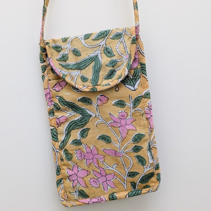 Yellow Block-Printed Crossbody Mobile Phone Cell Phone Bag With Slim Pocket from Shakti.ism