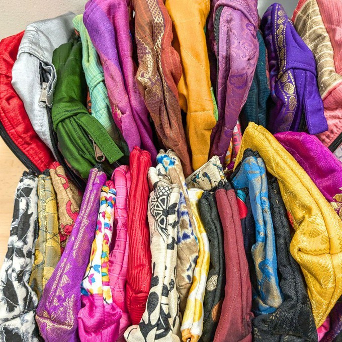 Large colourful upcycled sari box pouches from Shakti.ism