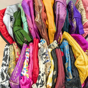 Large colourful upcycled sari box pouches from Shakti.ism
