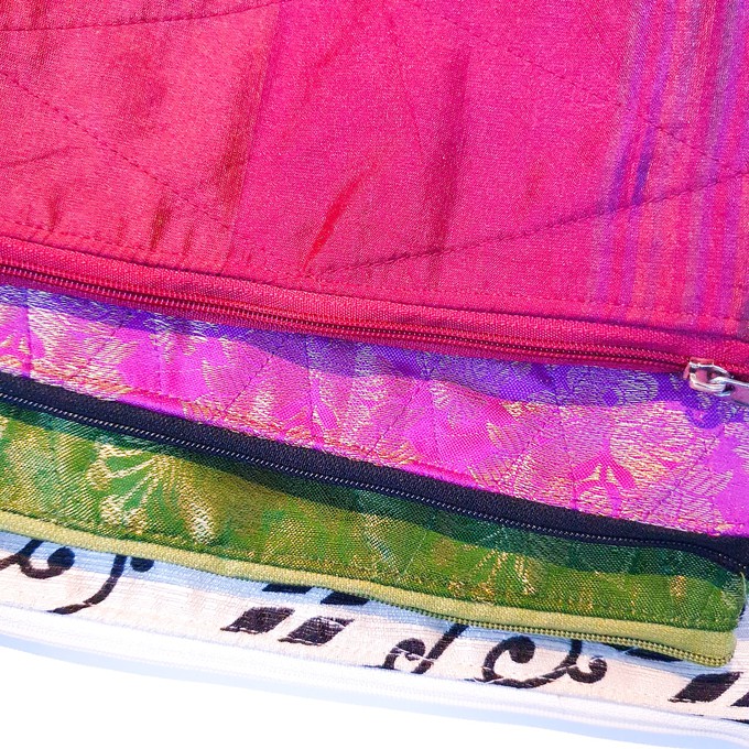 Colourful quilted upcycled sari pouches from Shakti.ism