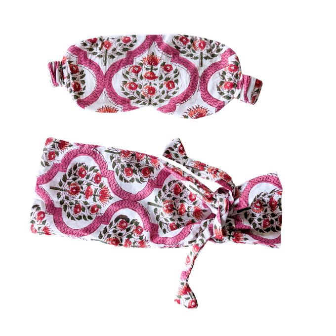 Block printed cotton sleep eye mask with drawstring pouch, ethically handmade in India from Shakti.ism