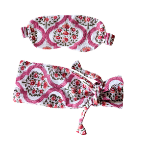 Block printed cotton sleep eye mask with drawstring pouch, ethically handmade in India from Shakti.ism