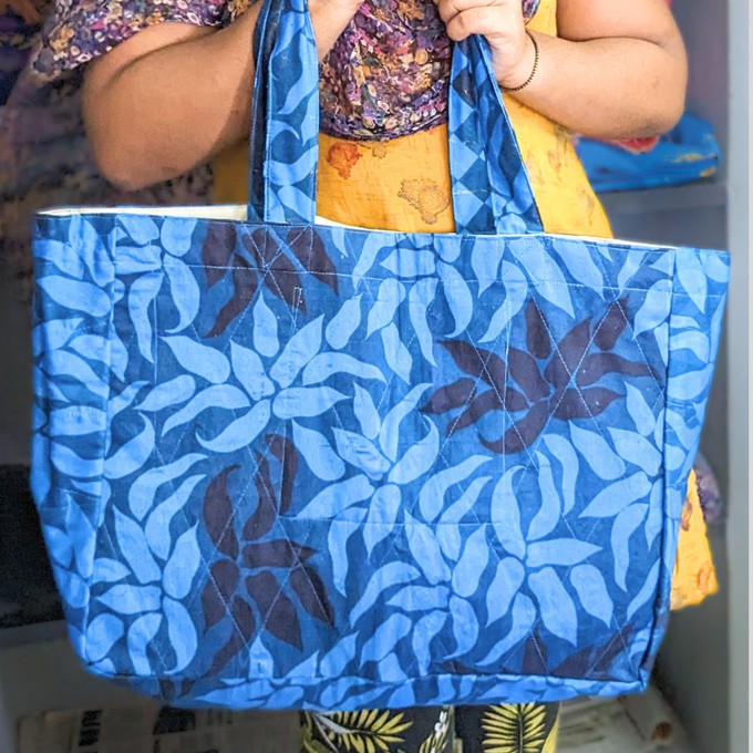Large sari market tote bag, blue flowers from Shakti.ism