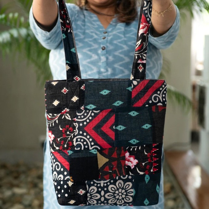 Colourful Sari Patchwork Tote Bags, Fair Trade Market Weekender Bag in Shades of Blue from Shakti.ism