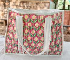 Large quilted weekend tote bag, vibrant pink block print, floral design via Shakti.ism