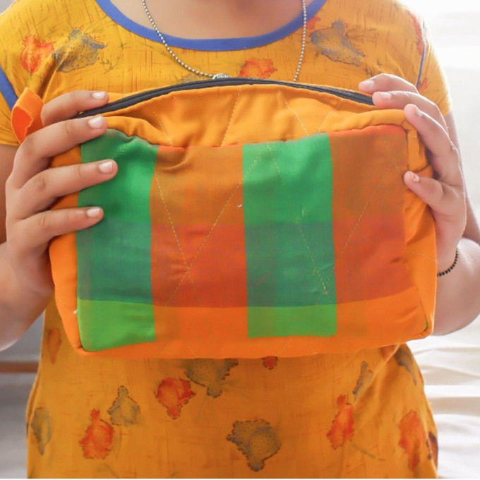 Large colourful upcycled sari box pouches from Shakti.ism