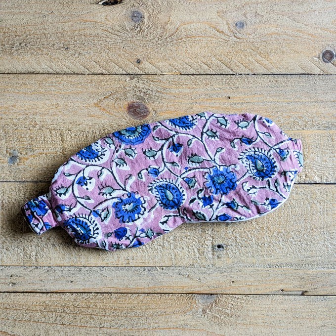 Lavender block printed cotton sleep eye mask with drawstring pouch, ethically handmade in India from Shakti.ism