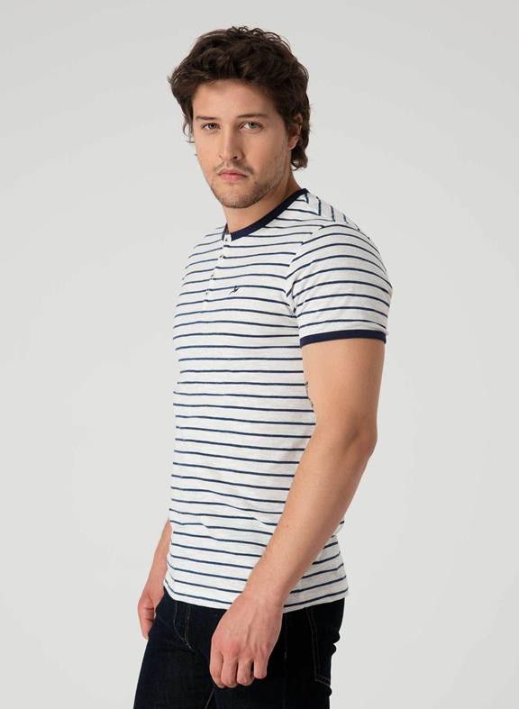Striped Henley T-Shirt Off White/Navy from Shop Like You Give a Damn