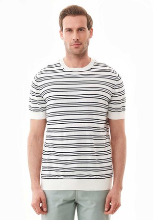T-Shirt With Stripes Fine Knit Off White & Navy Blue from Shop Like You Give a Damn