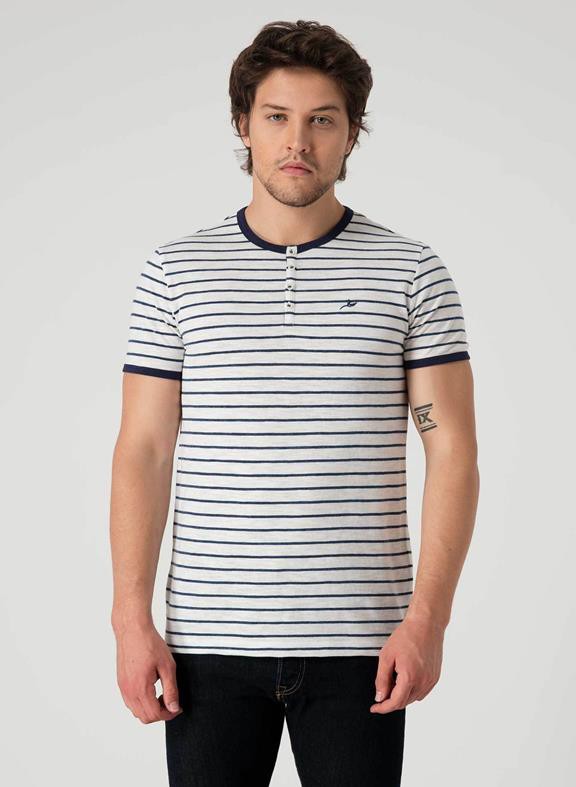 Striped Henley T-Shirt Off White/Navy from Shop Like You Give a Damn