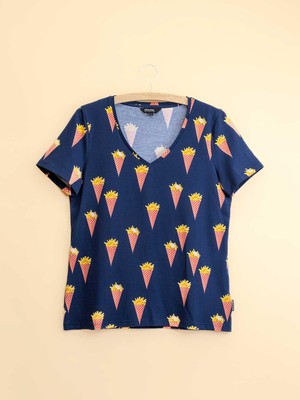 Fries Navy V-neck T-shirt Women from SNURK