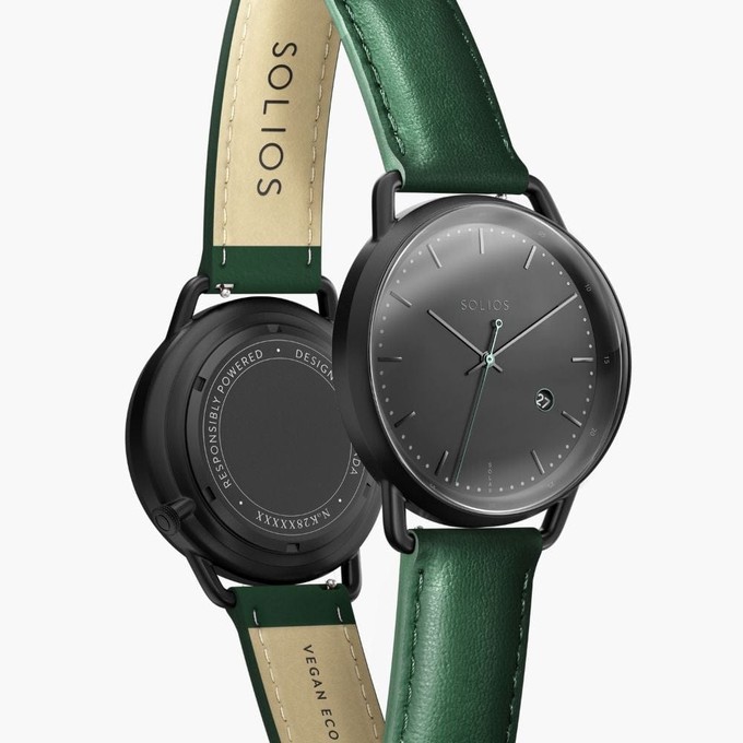 Black Curve Solar Watch | Green Vegan Leather from Solios Watches