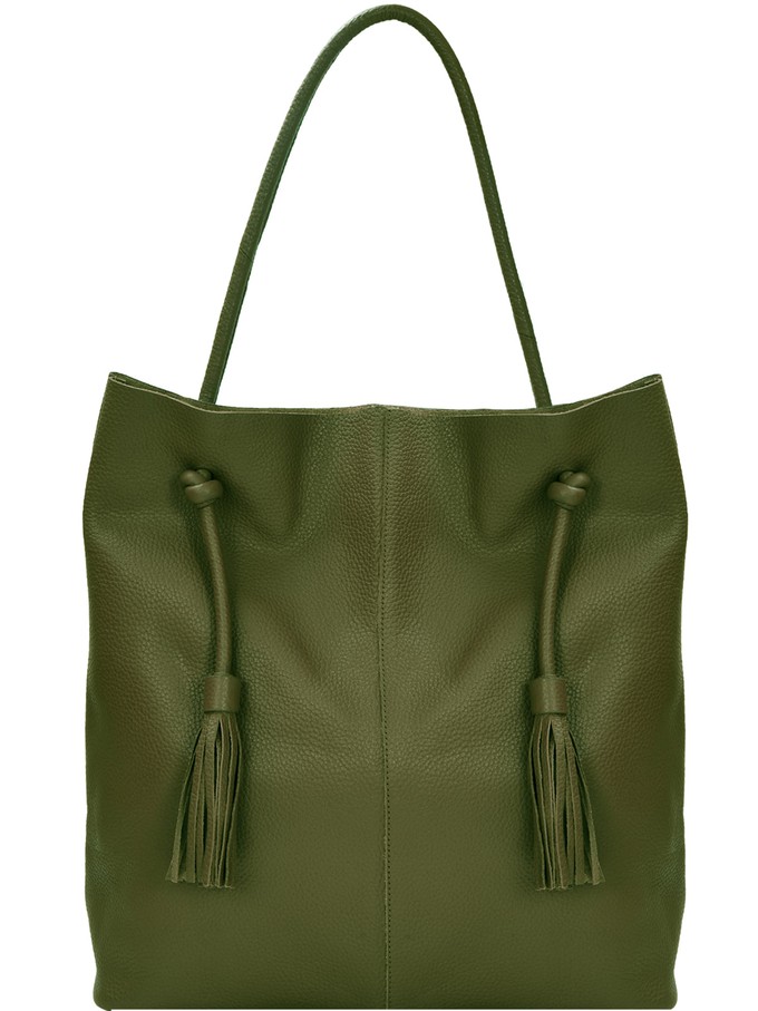 Olive Green Leather Hobo Bag with Drawcord & Tassel from Sostter