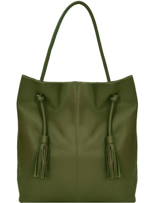 Olive Green Leather Hobo Bag with Drawcord & Tassel from Sostter