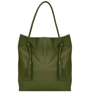 Olive Green Leather Hobo Bag with Drawcord & Tassel from Sostter