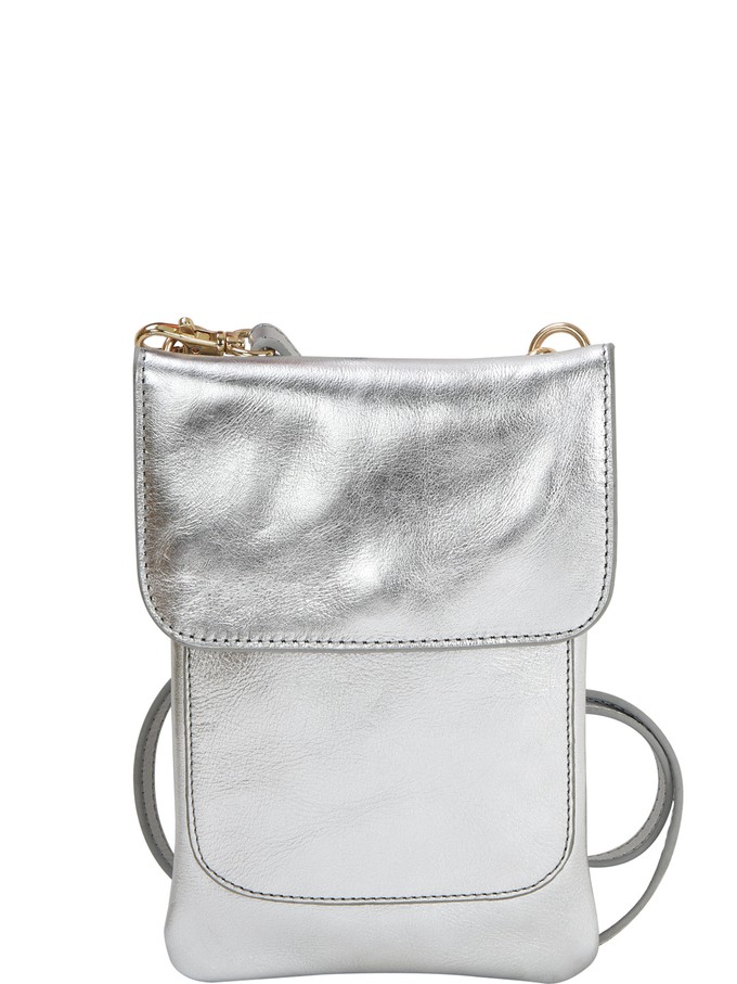 Silver Metallic Leather Crossbody Bag with Adjustable Strap from Sostter