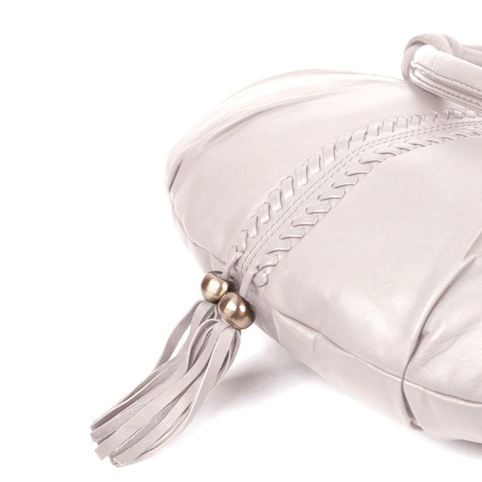 Goa - Ivory luxury leather shoulder bag with bronze beads and tassels from Treasures-Design