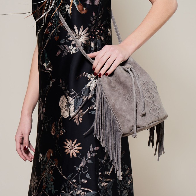 Capri - suede crossbody fringe bag with woven leather embroidery - grey from Treasures-Design