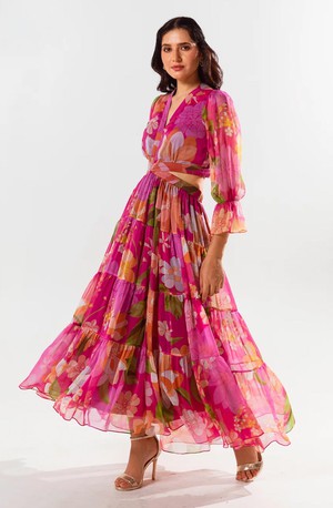 Floral Maxi Dress - Chiffon Cut Out Waist Detail Red & Pink from Urbankissed