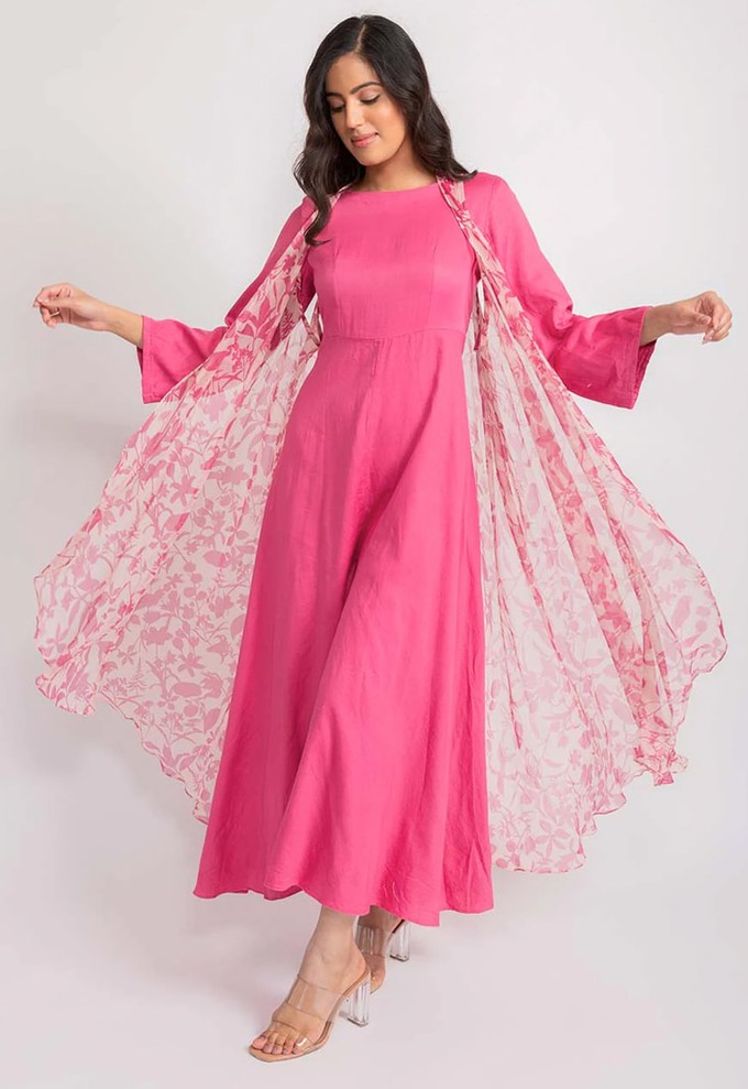 Silk Jumpsuit & Chiffon Floral Cape Set - Pink from Urbankissed