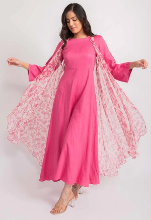 Silk Jumpsuit & Chiffon Floral Cape Set - Pink from Urbankissed
