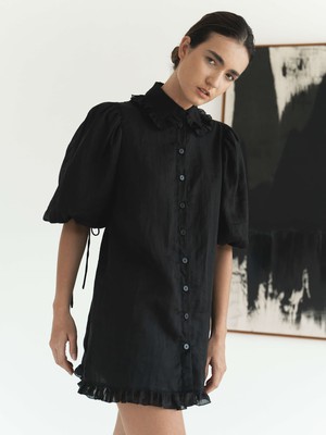 Ruffle Shirt Dress - Black Short Puff Sleeve from Urbankissed