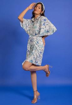 Floral Shirt Dress Kimono Sleeves - Blue via Urbankissed
